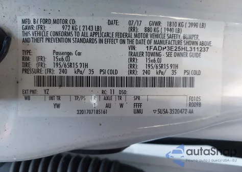 2017 Ford Focus S из США, поврежденный, VIN 1FADP3E25HL311237